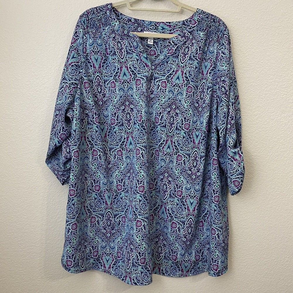 Croft & Barrow Womens Blouse Top Size 2x Paisley Purple Blue